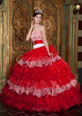 New Red Ball Gown Strapless Floor-length Organza and Zebra Ruffles Quinceanera Dress