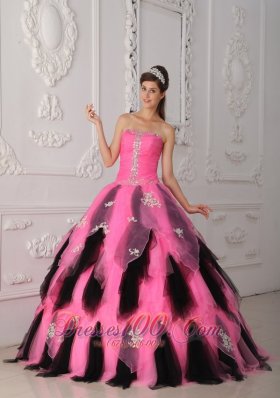 New Pink and Black A-Line / Princess Strapless Floor-length Organza Appliques Quinceanera Dress
