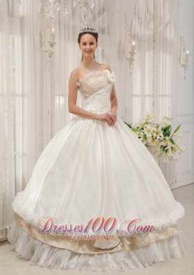 New White Ball Gown Strapless Floor-length Taffeta Beading Quinceanera Dress