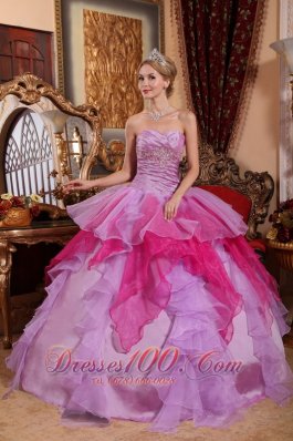 New Affordable Lavender and Hot Pink Quinceanera Dress Sweetheart Organza Beading Ball Gown
