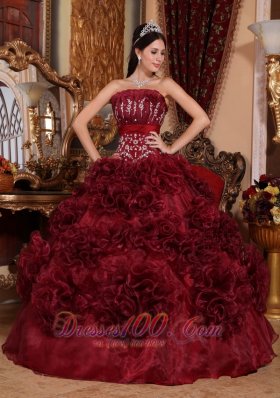 New Popular Burgundy Quinceanera Dress Strapless Organza Appliques Ball Gown