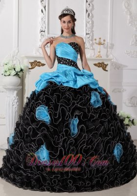 New Populor Blue and Black Quinceanera Dress Sweetheart Organza Beading and Rolling Flowers Ball Gown