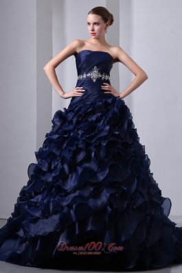 New Navy Blue A-Line / Princess Strapless Beading and Ruch Quinceanea Dress Brush Train Taffeta and Organza