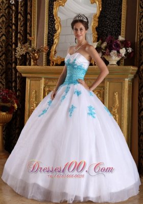 Popular Elegant White and Blue Quinceanera Dress Sweetheart Appliques Organza Ball Gown