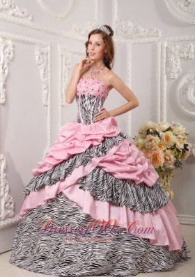Popular Romantic Pink Zebra Ball Gown Strapless Taffeta and Beading Quinceanera Dress