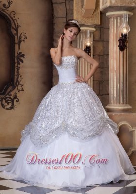 Popular The Super Hot White Quinceanera Dress Strapless Pick-ups Sequins Ball Gown