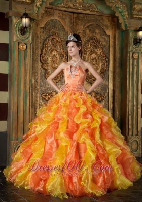 Popular Orange Ball Gown Strapless Floor-length Organza Ruffles Quinceanera Dress