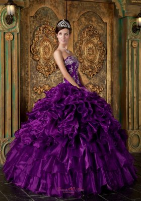 Popular Purple Ball Gown Strapless Floor-length Organza Ruffles Quinceanera Dress