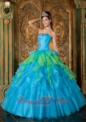 Popular Cheap Blue Quinceanera Dress Strapless Organza Ruffles Ball Gown