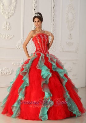 Popular Elegant Red and Green Quinceanera Dress Strapless Appliques and Beading Ball Gown