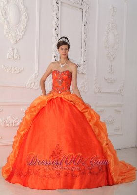 Popular New Orange Red Quinceanera Dress Sweetheart Taffeta Beading and Appliques Ball Gown