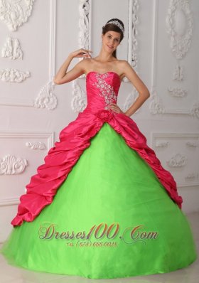 Popular Cute Spring Green and Red Quinceanera Dress Sweetheart Taffeta Appliques and Ruch Ball Gown
