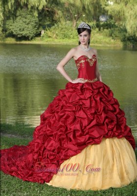 Popular Appliques and Pick-ups Wine Red Brush Train Exquisite Style For 2013 Quinceanera Dress