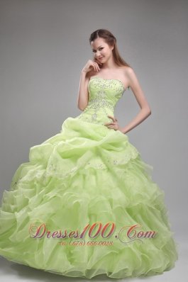 Popular Romantic Yellow Green Quinceanera Dress Strapless Organza Beading and Ruffles Ball Gown