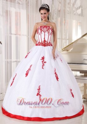 Discount Pretty White Quinceanera Dress Strapless Satin and Organza Appliques Ball Gown