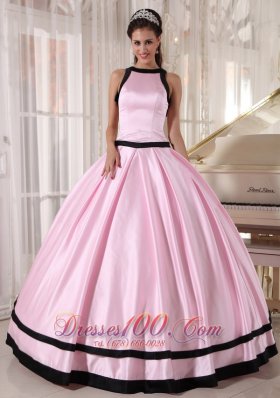 Discount Affordable Baby Pink and Black Quinceanera Dress Bateau Satin Ball Gown