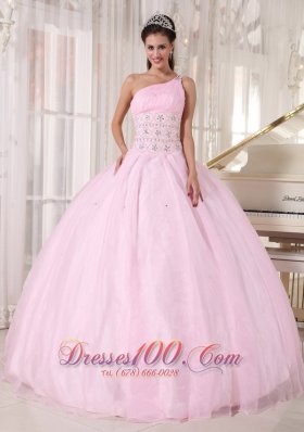 Discount Luxurious Baby Pink Quinceanera Dress One Shoulder Organza Beading Ball Gown