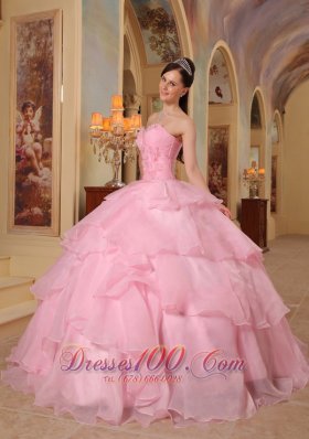 Discount Pretty Pink Quinceanera Dress Sweetheart Organza Beading Ball Gown