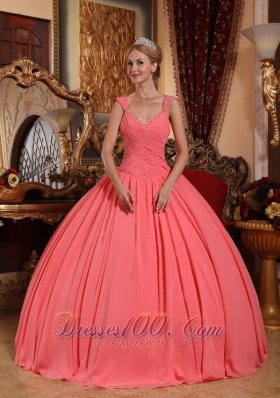 Discount New Watermelon Sweet 16 Dress V-neck Chiffon Beading Ball Gown