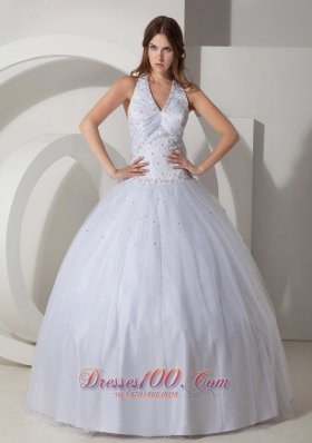 White Ball Gown Halter Floor-length Taffeta Beading Quinceanera Dress