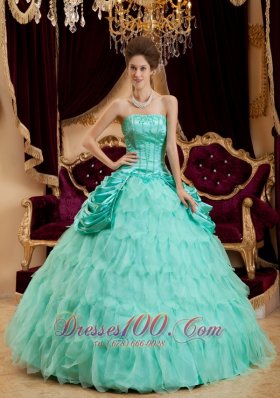 Affordable Apple Green Quinceanera Dress Strapless Ruffles Taffeta and Organza Ball Gown