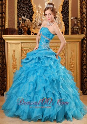 Inexpensive Sky Blue Quinceanera Dress Organza Beading And Ruffles Ball Gown