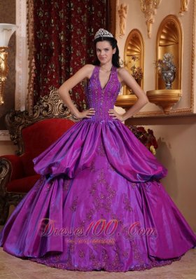Simple Purple Quinceanera Dress Halter Taffeta Appliques Ball Gown