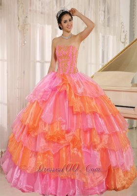 Ruffled Layers and Appliques Decorate Up Bodice For Rose Pink and Orange Quinceanera Dress