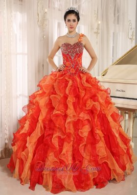 Custom Made Orange Red One Shoulder Beaded Decorate Ruffles Mendoza Quinceanera Dress In Spring