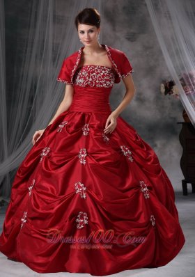 Red Ball Gown Strapless Floor-length Taffeta Appliques Quinceanera Dress Fashion