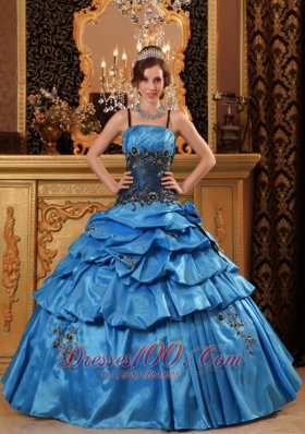 Lovely Blue Quinceanera Dress Straps Taffeta Appliques Ball Gown Fashion