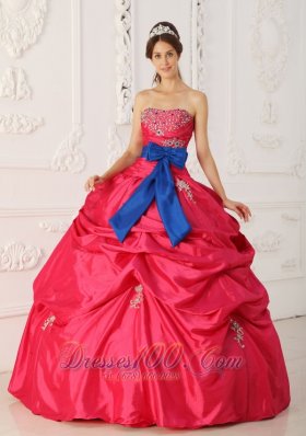 Simple Coral Red Quinceanera Dress Strapless Taffeta Beading and Sash Ball Gown Fashion
