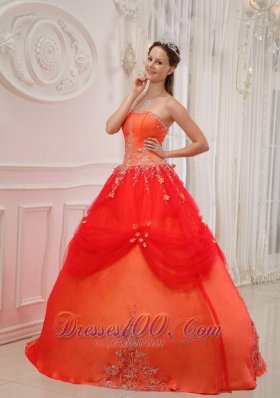 Affordable Orange Red Quinceanera Dress Strapless Taffeta and Tulle Appliques Ball Gown Fashion
