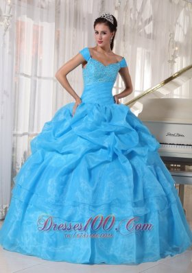 Beautiful Sky Blue Quinceanera Dress Off The Shoulder Taffeta and Organza Beading Ball Gown Plus Size