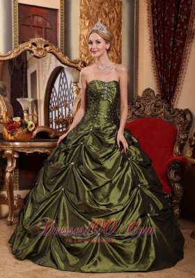 Pretty Olive Green Quinceanera Dress Strapless Taffeta Beading Ball Gown Plus Size