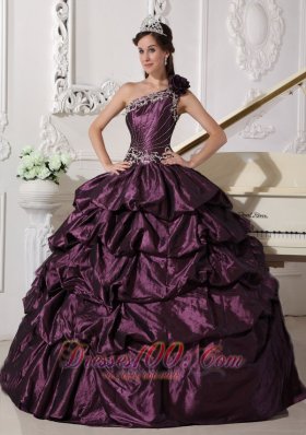 Fashionable Dark Purple Quinceanera Dress One Shoulder Taffeta Appliques and Pick-ups Ball Gown Plus Size