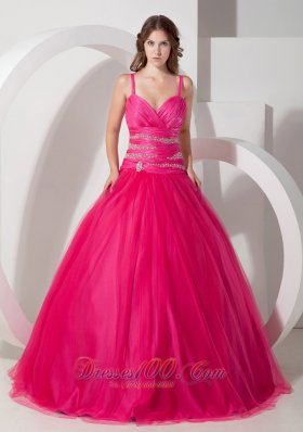 Hot Pink Ball Gown Spaghetti Straps Floor-length Tulle Beading Quinceanera Dress Pretty
