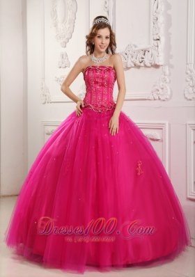 Elegant Hot Pink Quinceanera Dress Strapless Tulle Beading Ball Gown Pretty