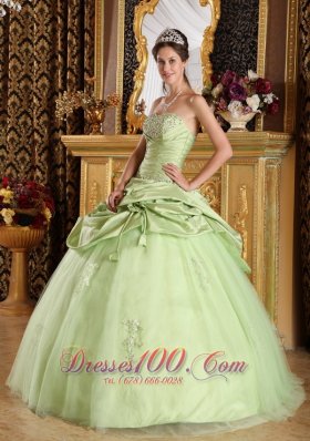 Yellow Green Ball Gown Strapless Floor-length Tulle and Taffeta Beading Quinceanera Dress Pretty