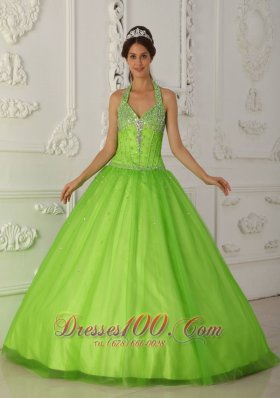 Simple Spring Green Quinceanera Dress Halter Tulle Beading A-line Pretty