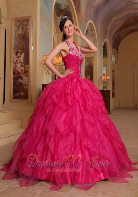 Romantic Hot Pink Quinceanera Dress Halter Organza Embroidery Ball Gown Pretty
