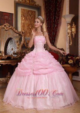 Gorgeous Baby Pink Quinceanera Dress Strapless Organza Appliques Ball Gown Pretty