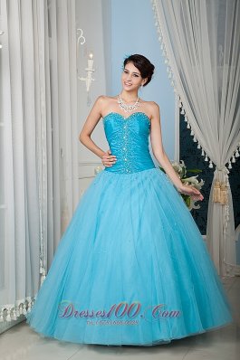 Custom Made Aqua 15 Quinceanera Dress A-line / Princess Sweetheart Tulle Beading Floor-length Pretty