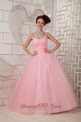 Brand New Pink Ball Gown Straps 15 Quinceanea Dress Tulle Beading Floor-length Pretty