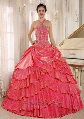 Halter Watermelon Pleat Quinceanera Dress With Beaded Bodice In Tarija City Pretty