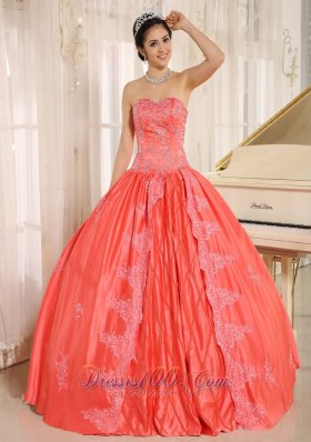 Sacaba City Embroiery With Beading Decorate On Taffeta Watermelon Sweetheart Quinceanera Dress Pretty