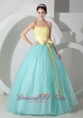 Cheap Aqua Blue and Yellow Ball Gown Strapless Floor-length Organza Sash and Ruch Quinceanea Dress