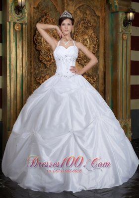 Cheap White Ball Gown Halter Floor-length Taffeta Beading Quinceanera Dress