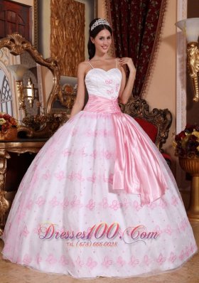 Cheap Pretty Light Pink Quinceanera Dress Spaghetti Straps Organza Embroidery Ball Gown