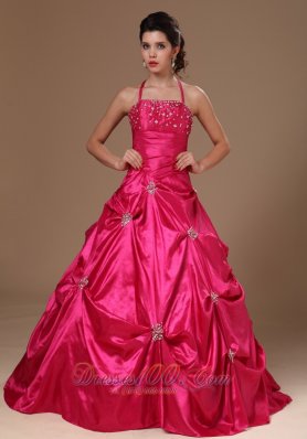 Cheap Pick-ups Halter A-line Hot Pink Taffeta Military Ball Gowns For Custom Made In Demopolis Alabama